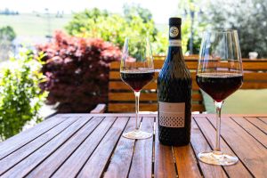 Zwei mit Rotwein gefüllte Gläser und eine Flasche Montepulciano d'Abruzzo auf einem Holztisch der sonnigen Terrasse.