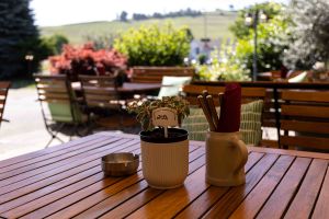 Ein Holztisch auf der Terrasse mit einem kleinen Pflanztöpfchen samt der Tischnummer 209, einem Aschenbecher und Besteck.